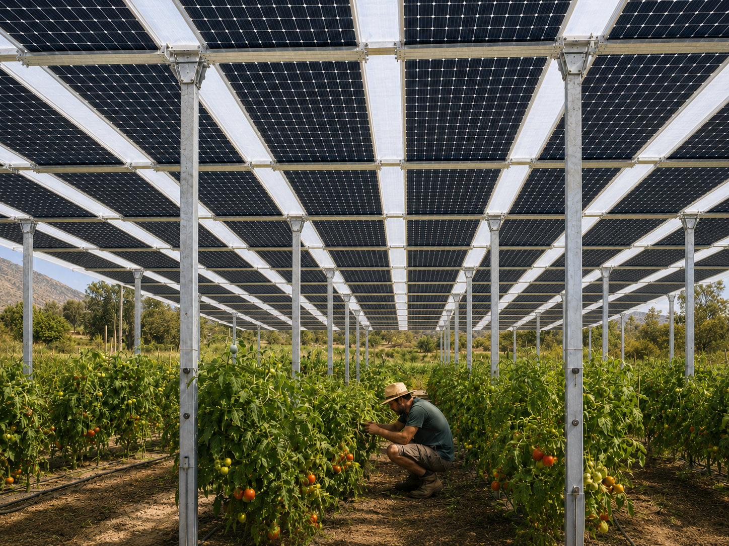 Sistema FAST de Folgrid — agricultor bajo paneles agrovoltaicos