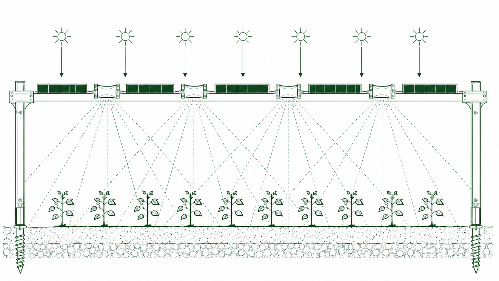 Diagrama de lentes FAST redistribuyendo luz bajo paneles agrovoltaicos